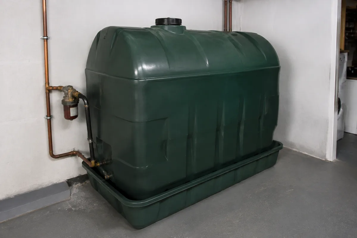 Cuve à fioul aérienne dans un local technique avec sa ligne d’alimentation
