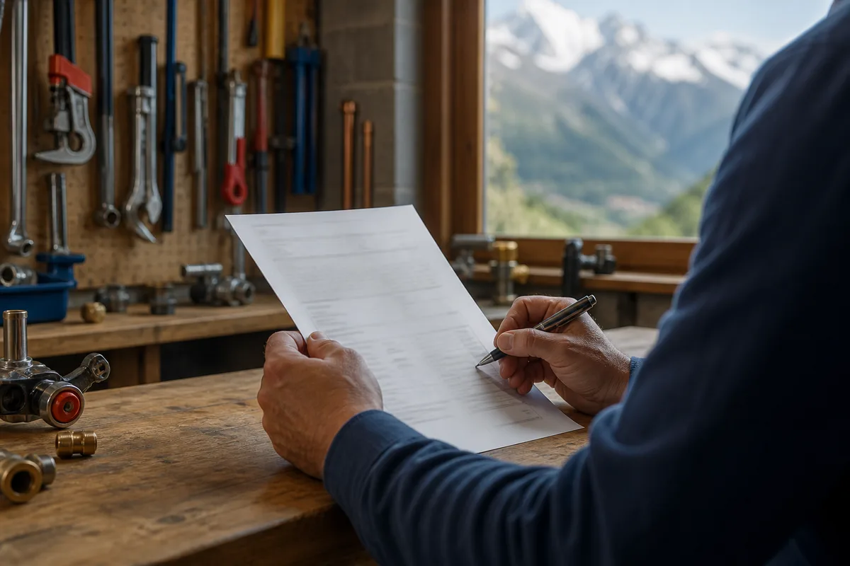 Client relisant un document d&rsquo;intervention avant de le signer