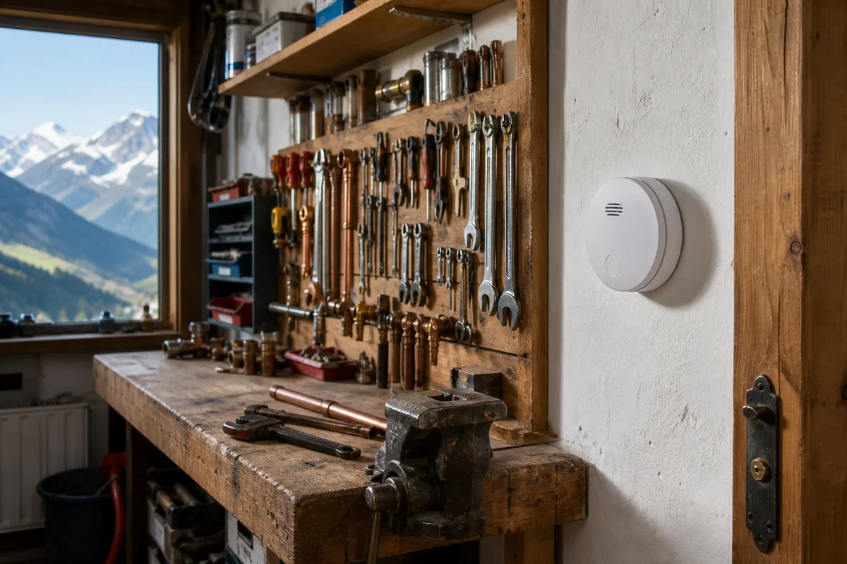 Détecteur de monoxyde de carbone fixé au mur d&rsquo;une pièce de vie