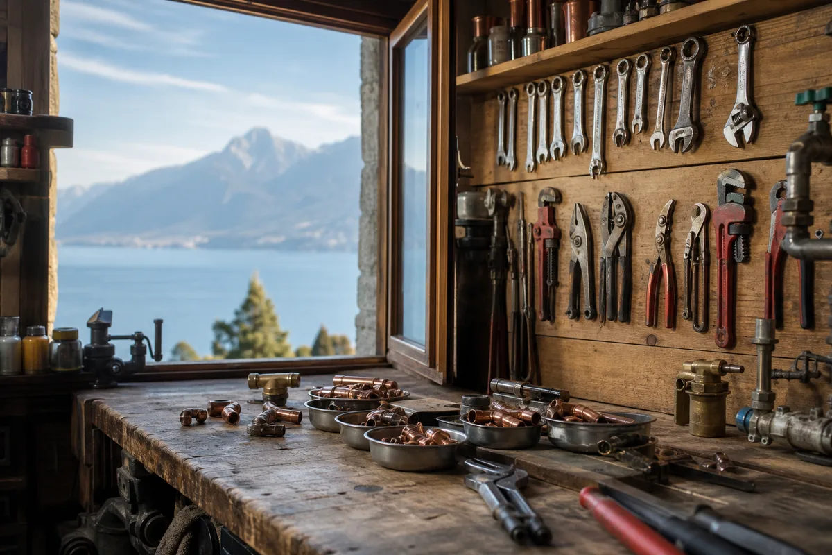 Établi d'atelier de plomberie avec outils suspendus au panneau perforé, devant les reliefs du Chablais et le lac Léman