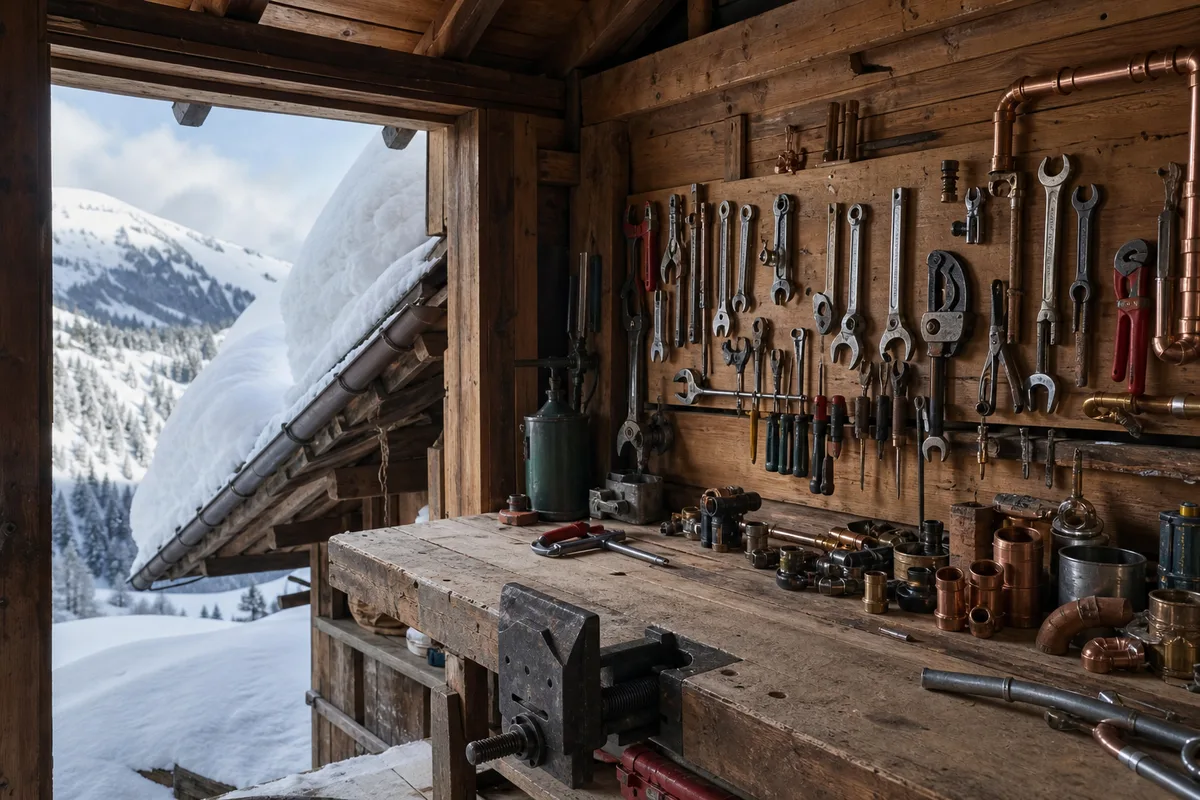 Chalet de montagne enneigé à Morzine avec toiture chargée de neige
