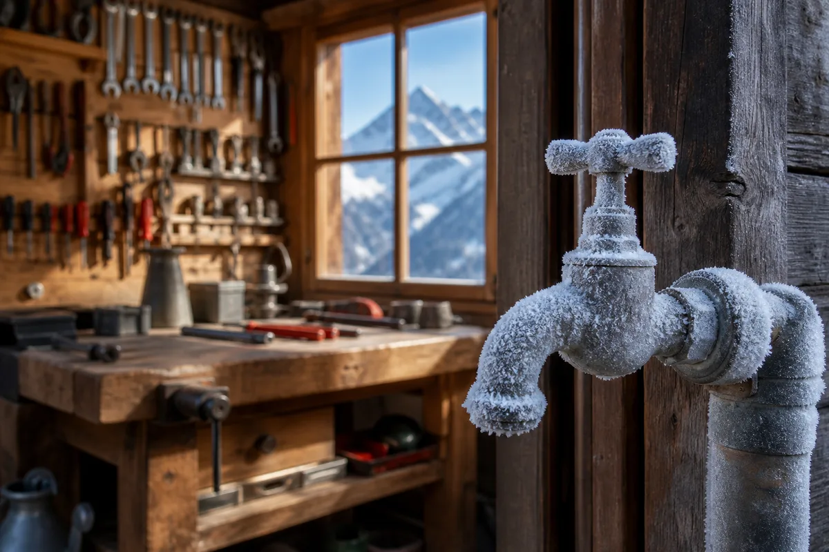 Robinet extérieur de chalet couvert de givre, illustrant le risque de gel