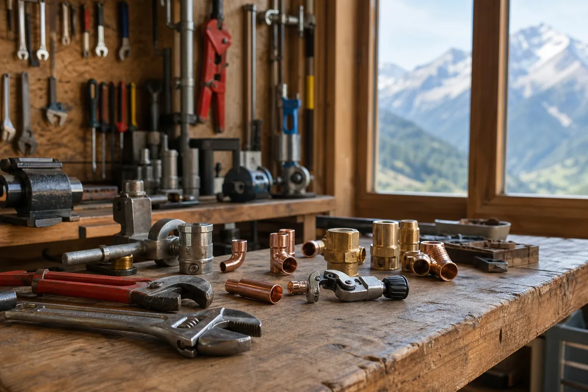 Plan de travail d&rsquo;un plombier avec outils et raccords posés sur un établi