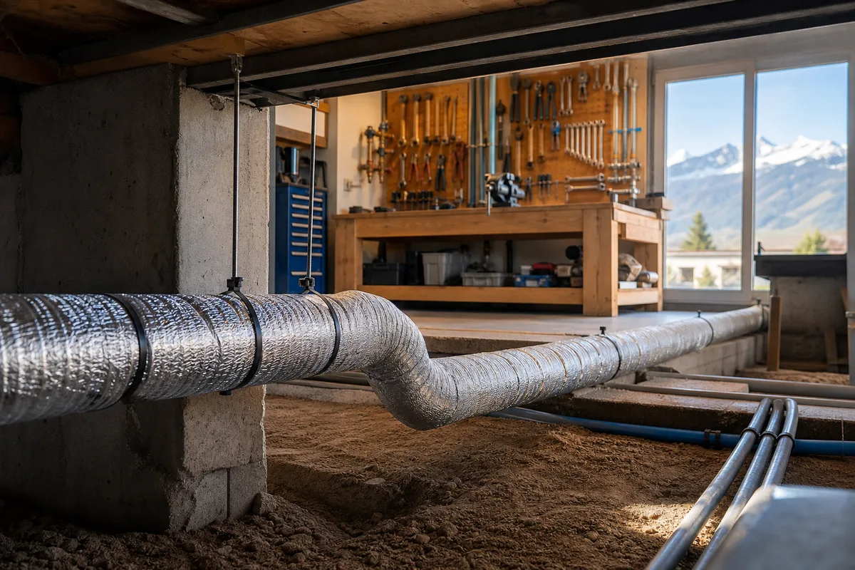 Canalisation calorifugée traversant un vide sanitaire de maison chablaisienne