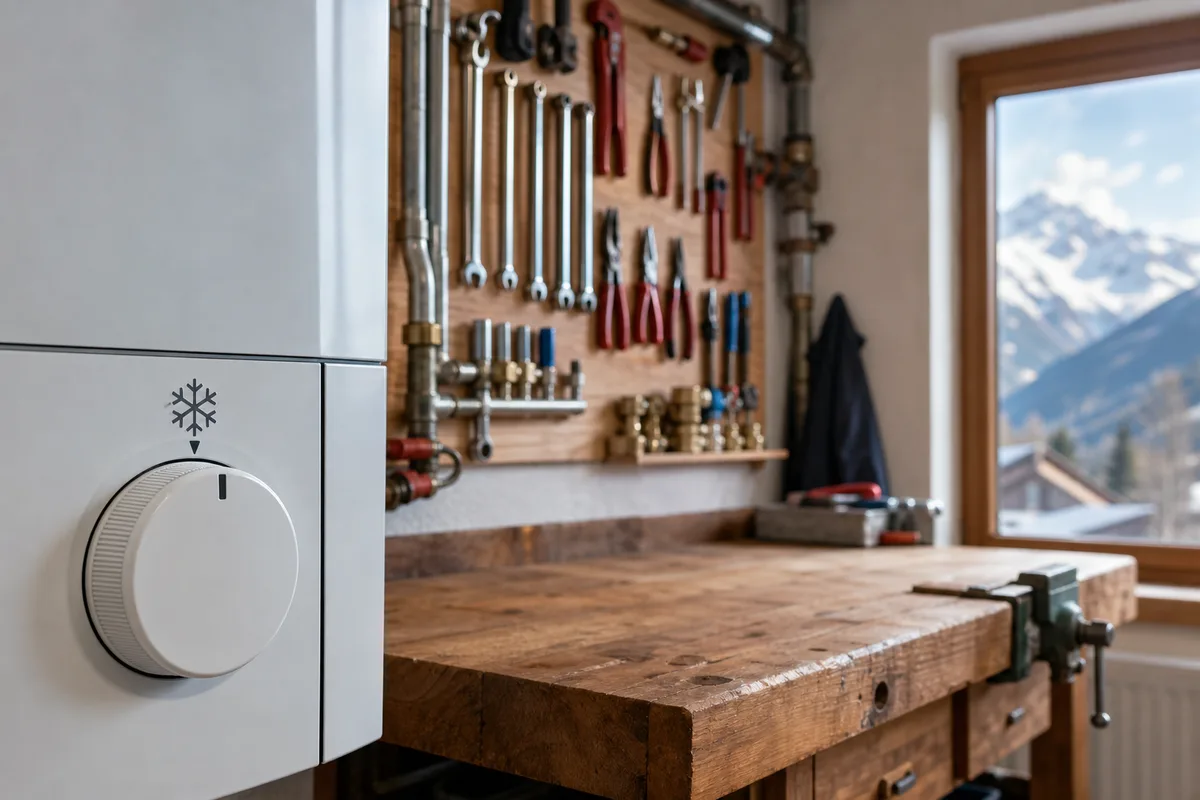 Thermostat de chaudière réglé sur la position hors gel dans une maison inoccupée