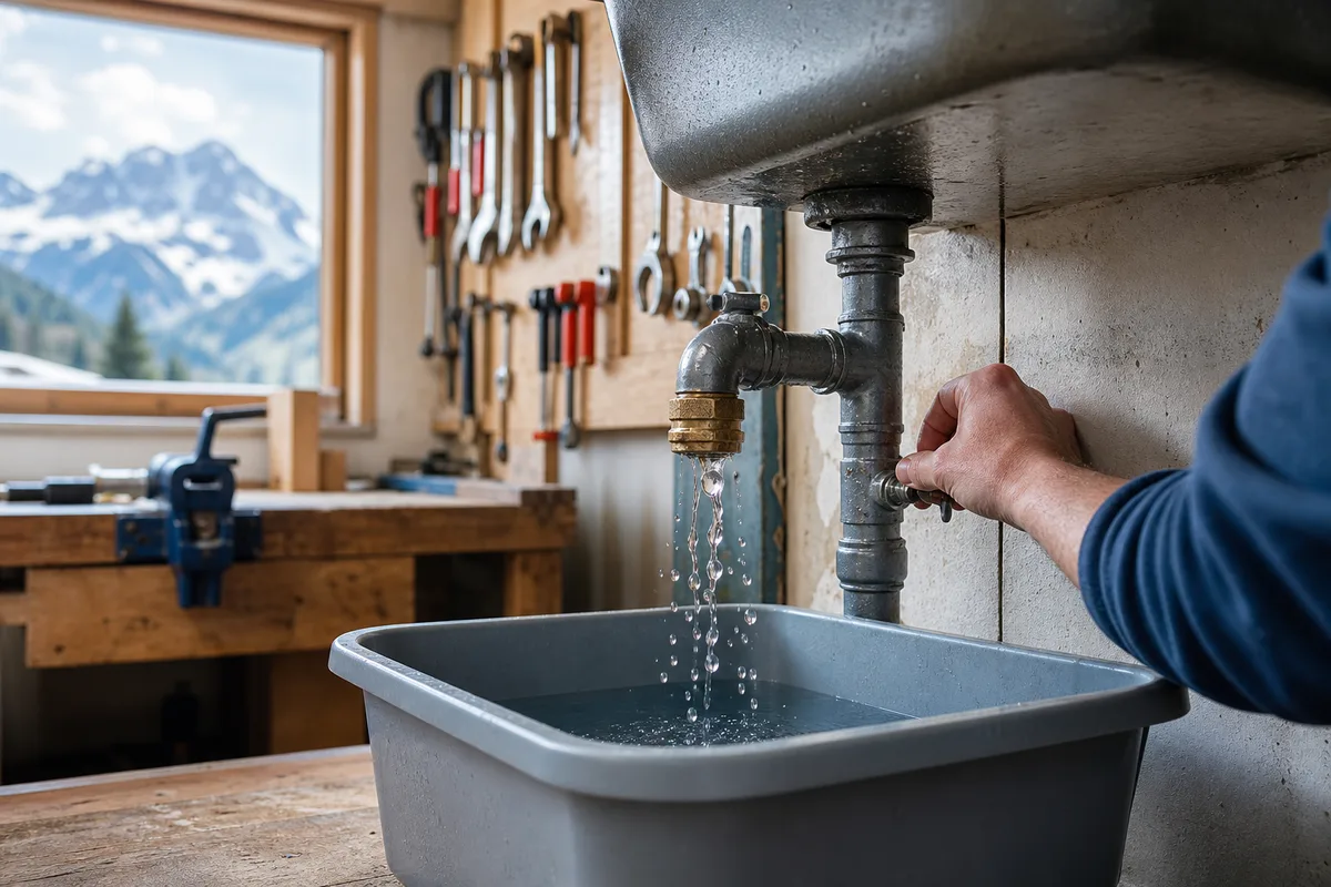 Fuite d&rsquo;eau sous un évier avec bassine et coupure du robinet d&rsquo;arrêt