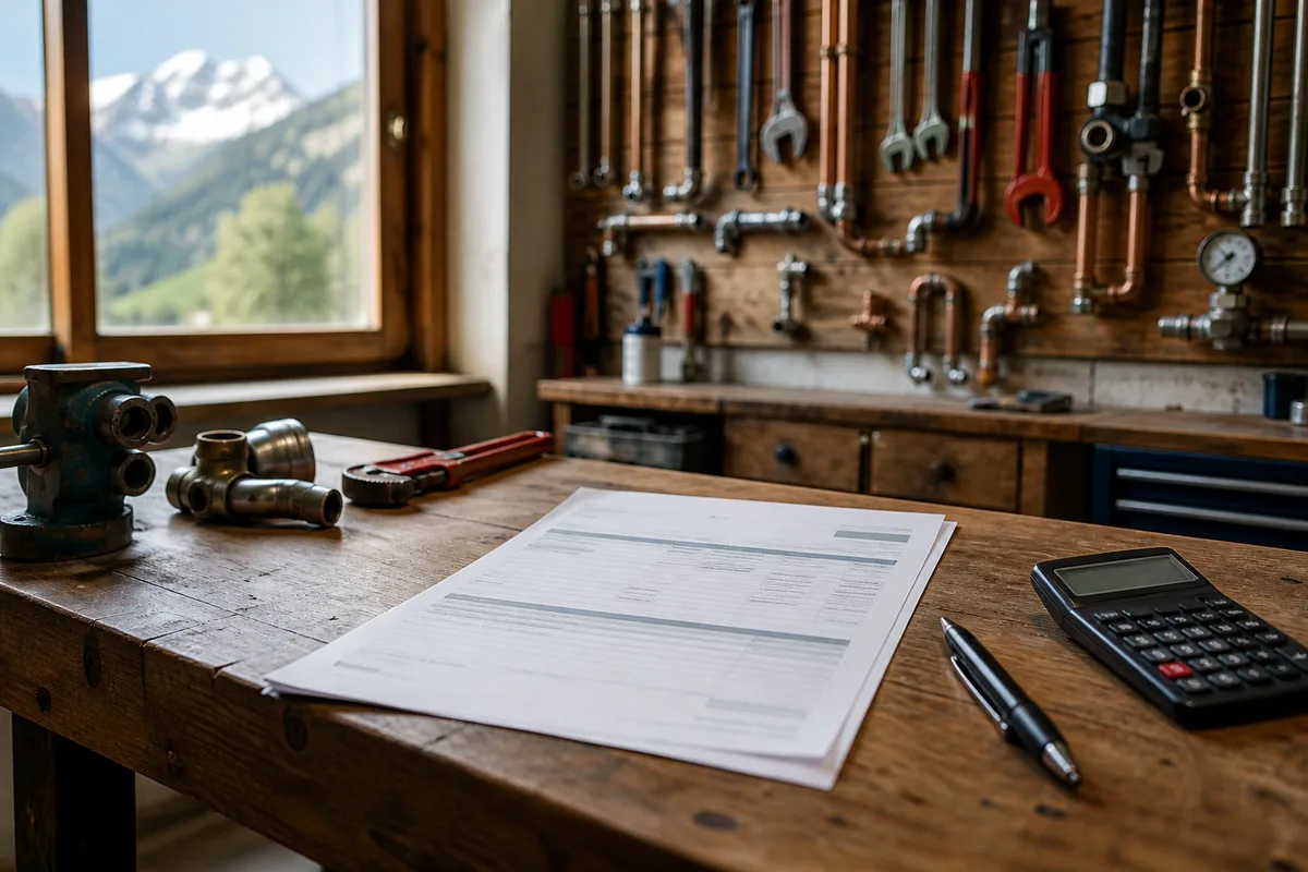 Devis de plomberie posé sur une table avec un stylo et une calculatrice